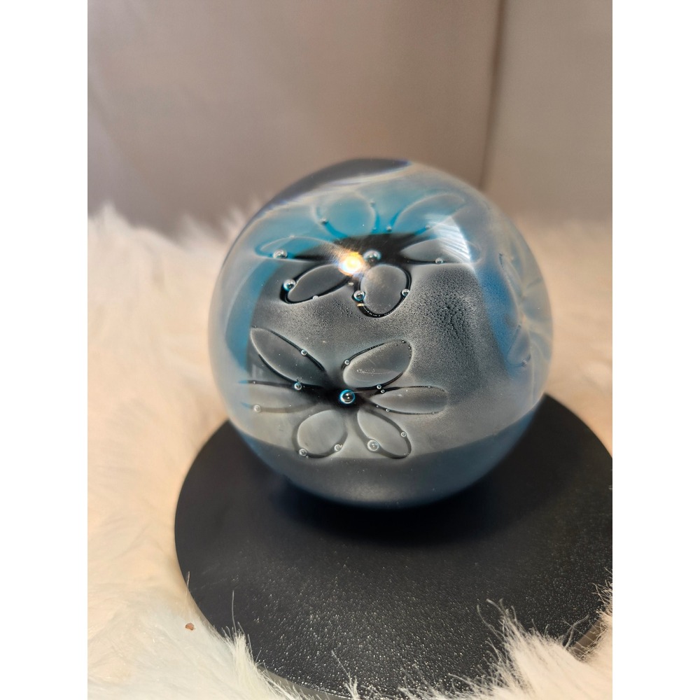 Signed Albert Young Studio Art Glass Paperweight - Blue Floral Design
